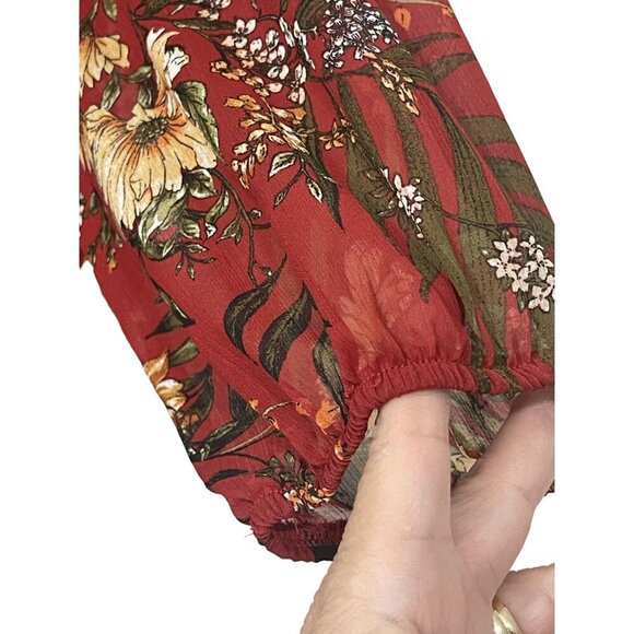 AGB Floral Print V-Neck Rust Tank/sheer overlay Layered Hem Size M Forest Fairy - Picture 3 of 10